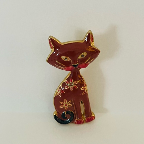 Other - Vintage Enamel Cat Brooch Brown Goldtone